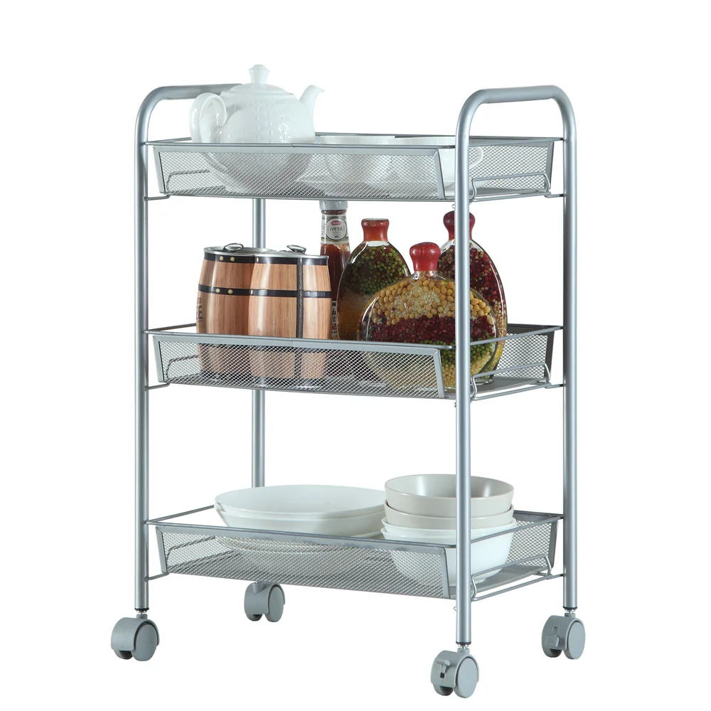 

Honeycomb Mesh Style Three Layers Removable Storage Cart Silver Home Furniture