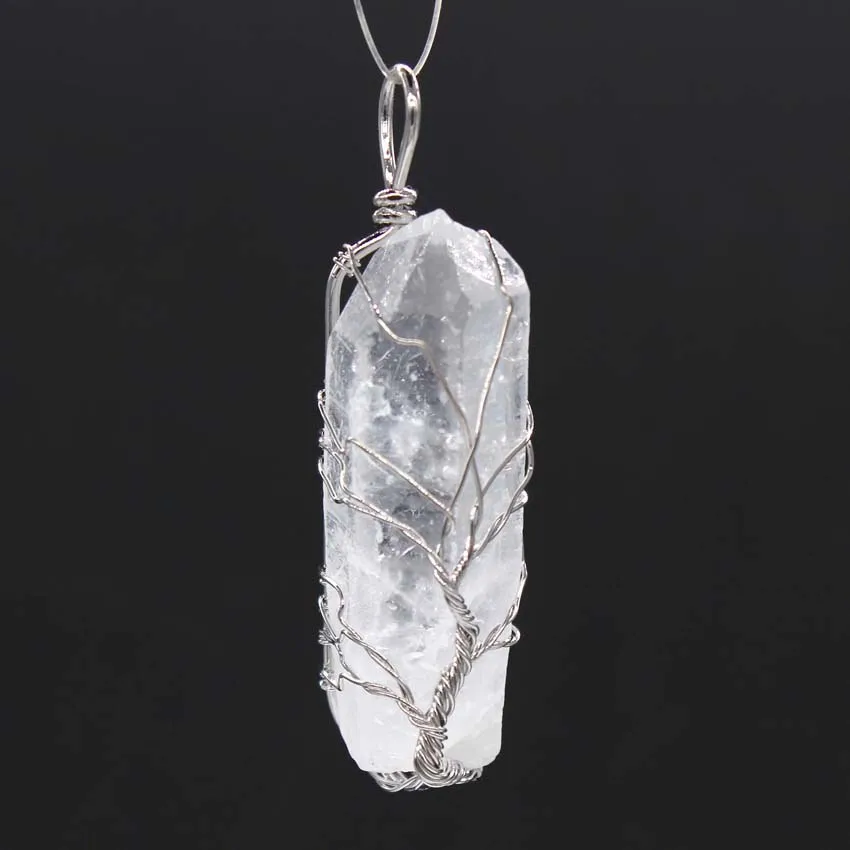 KFT Silver Plated Wire Wrapped Tree Of Life Irregular Shape Natural Healing Rock Crystal Quartz Pendulum Stone Pendant Jewelry | Украшения