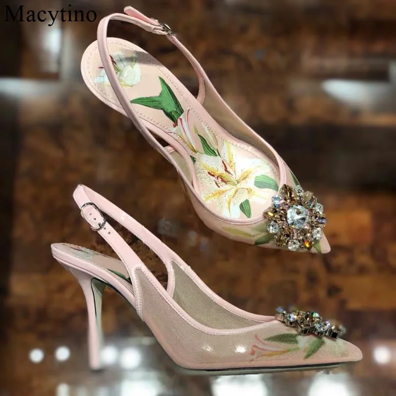 С украшением в виде кристаллов Цветочный принт Тонкие туфли Женская обувь на
