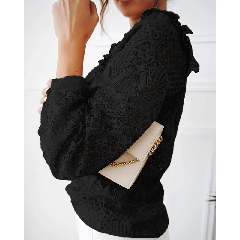 

Autumn Elegant Lace Embroidery Ruffle Ladies Blouse Long Sleeve O Neck Women Slim Pullover Tops Streetwear Plus Size Shirt Blusa
