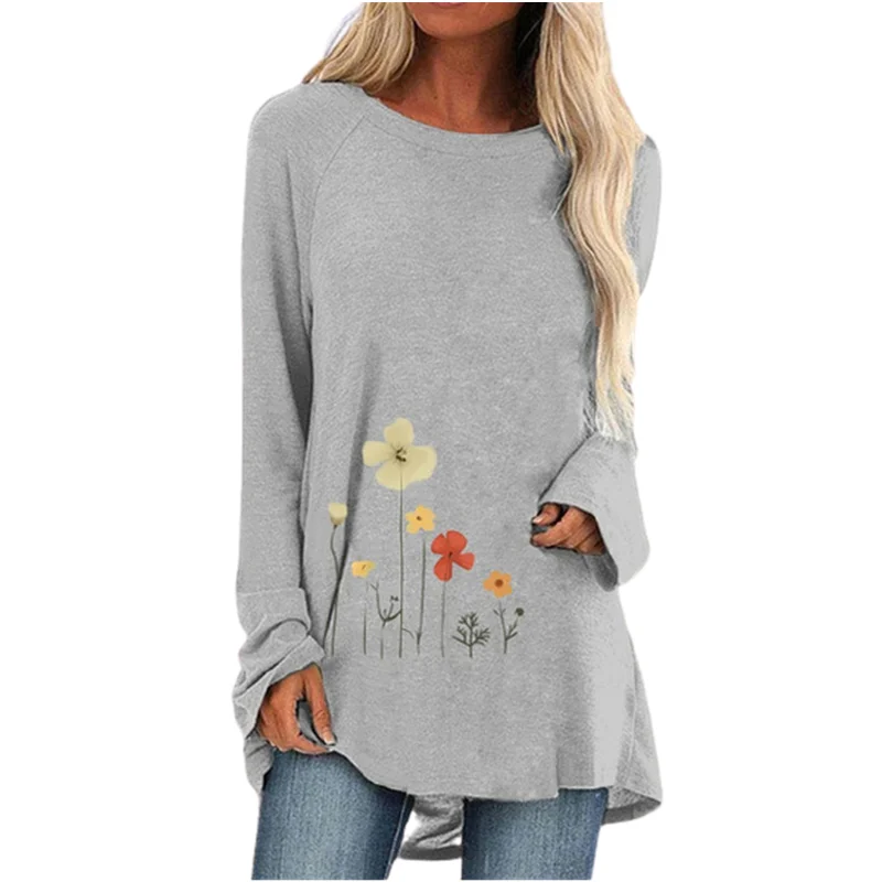 Spring And Autumn Shirt Large Size O-Neck Fashion T-Shirt 2021 Floral Print Long Sleeve Loose Casual Top Street Wear