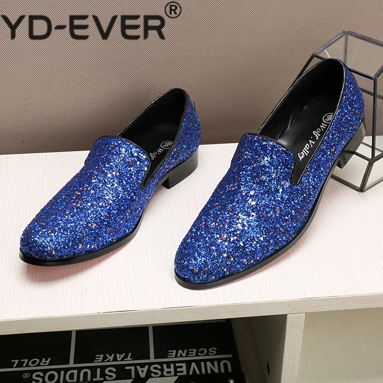 British blue hidden heel shoes for men solid slip-on dress wedding loafers causal velvet slippers glitter genuine leather brogue | Обувь