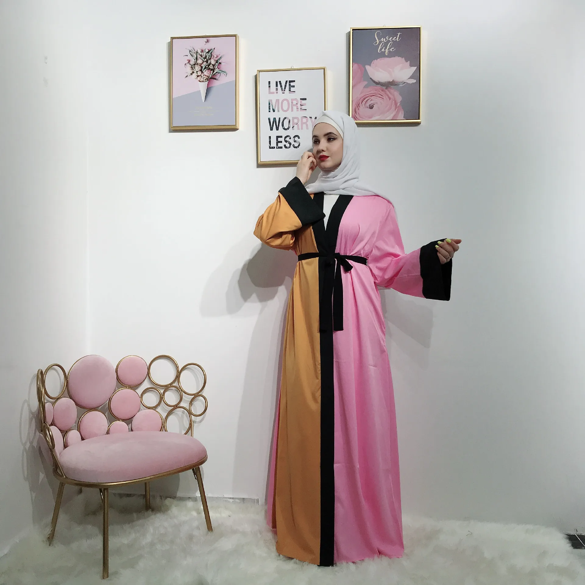 Турецкое модное контрастное платье Дубая с длинным рукавом, турецкое мусульманское платье, абайя, женская одежда Ближнего Востока, Lsm309