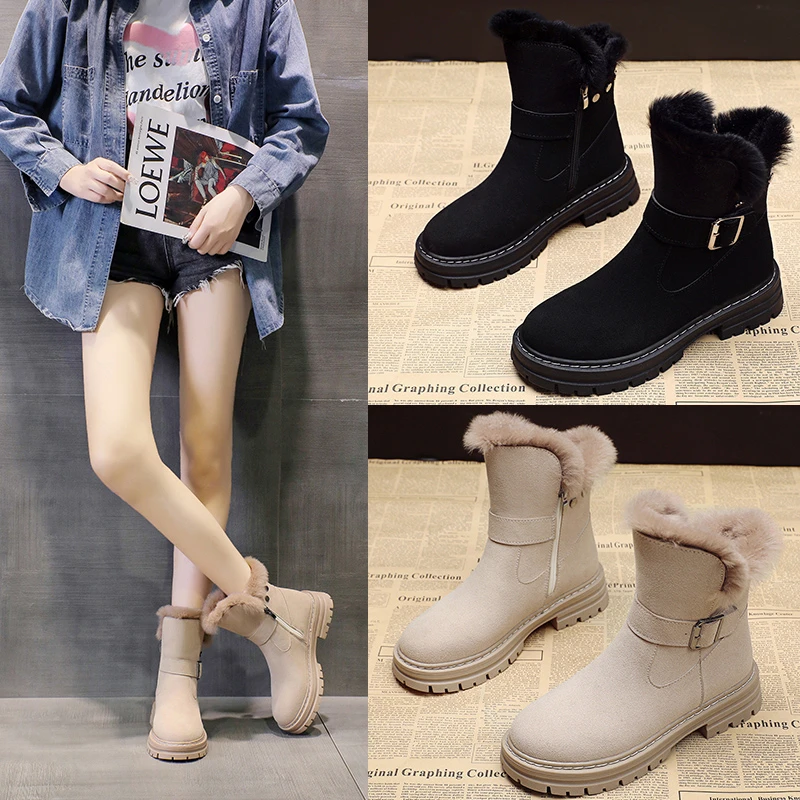 

Women's Snow Boots,Cotton Shoes Plus Velvet,Botas Mujer, Non-slip Winter Warm Shoes,Leather Ankle Middle Tube Shoes