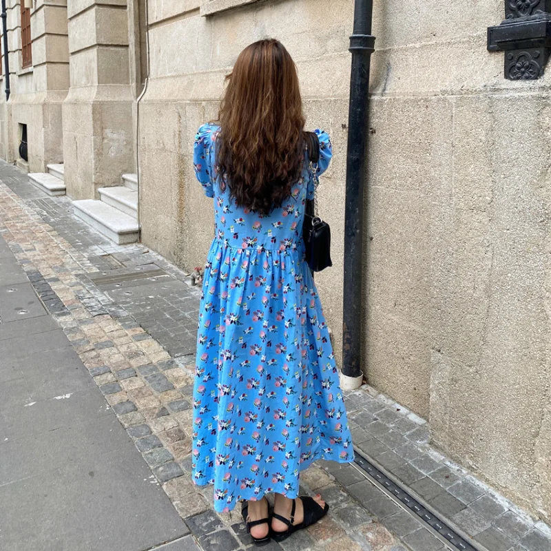 

2021 Summer Casual Women Long Dress Blue Floral Shirt Slim Waist Puff Sleeve Single Breasted A-line Sundress