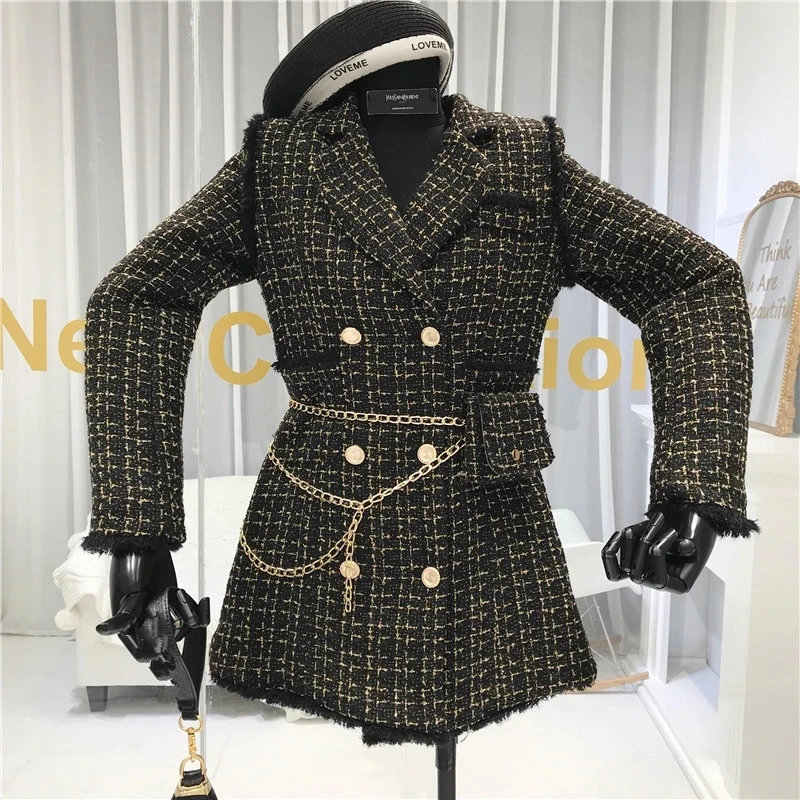

Women Red Tweed Plaid Blazer Golden Double Breasted Jacket Thick Long Woolen Suit Coat Fall Winter Outerwear With Chain Belt Bag