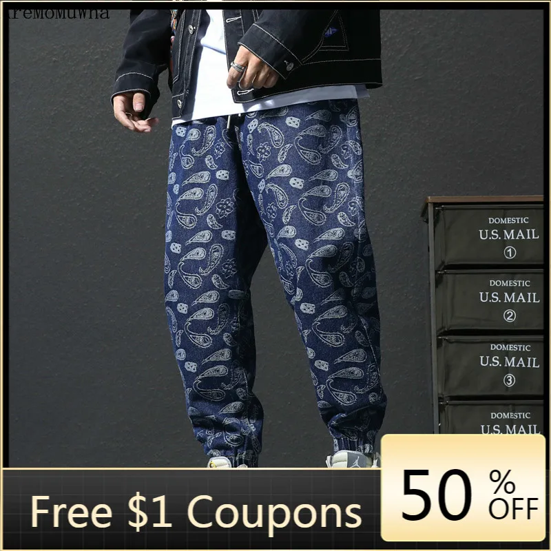 

Мужские джинсы с принтом кешью, свободные брюки-шаровары с вышивкой и бисером, в европейском и американском стиле, размеры M-5XL, осень 2020