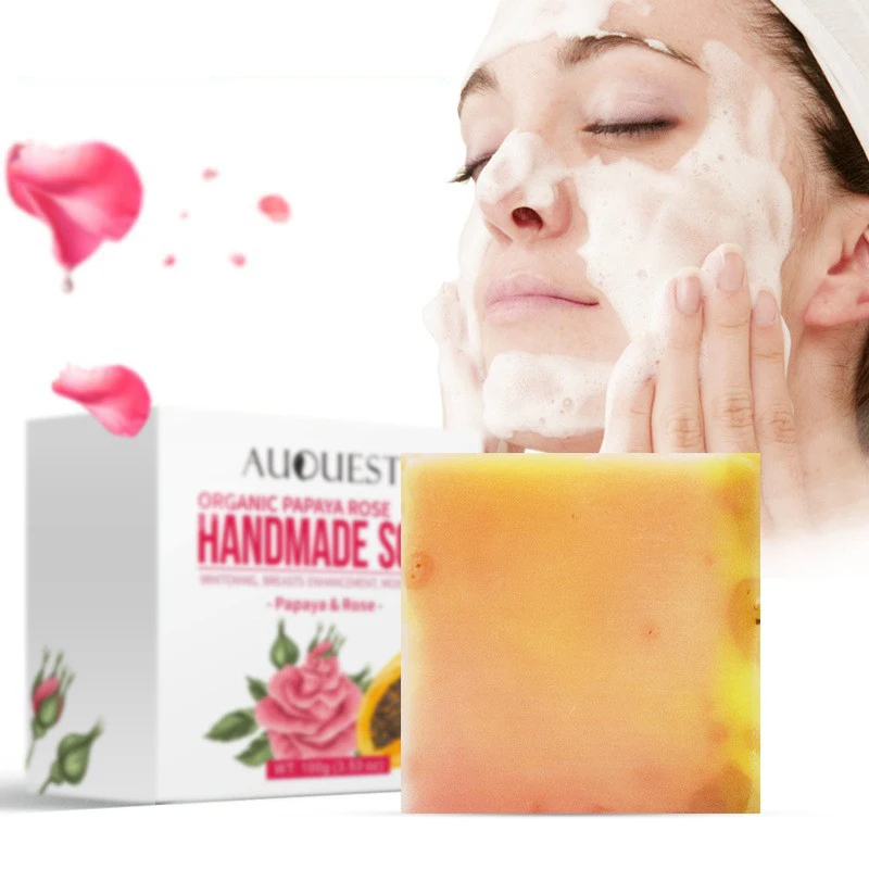

AuQuest Skin Whitening Oil Soap Bar 100g for Cleansing Face Body Papaya Rose Essence Moisturizer Natural Skin Care