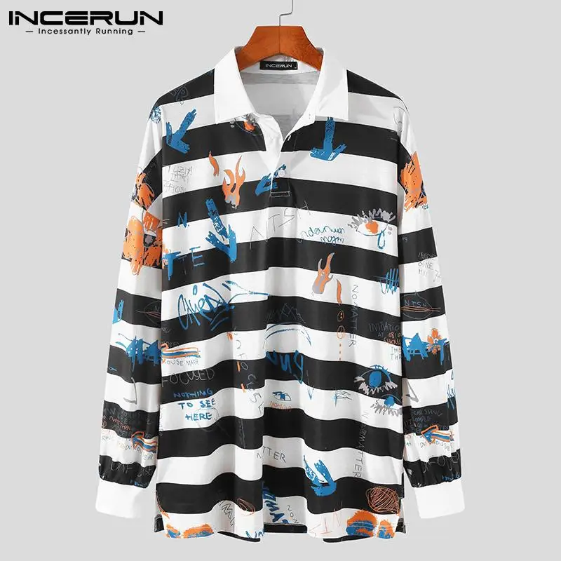 

Man Korean Style Lapel Blouse Fashion Floral Camisa INCERUN Men Striped Shirts 2021 Leisure Lapel Long Sleelve Printed Tops 5XL