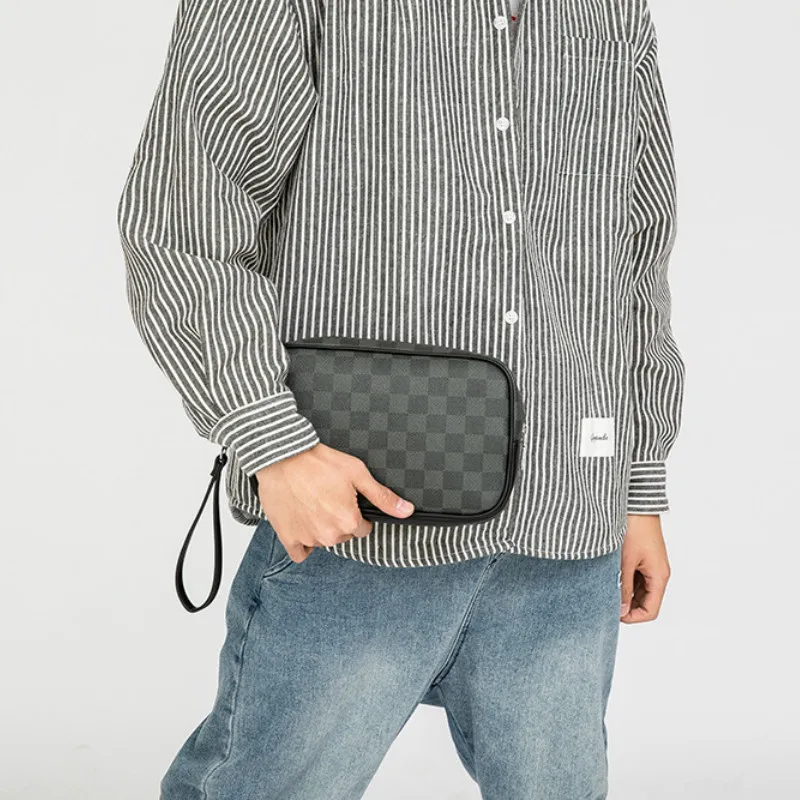 

Fashion Plaid Small Leather Clutch Bags Men Handbag High Capacity Business Man Clutch Purse Wrist Strap Pouch Male Hand Bag