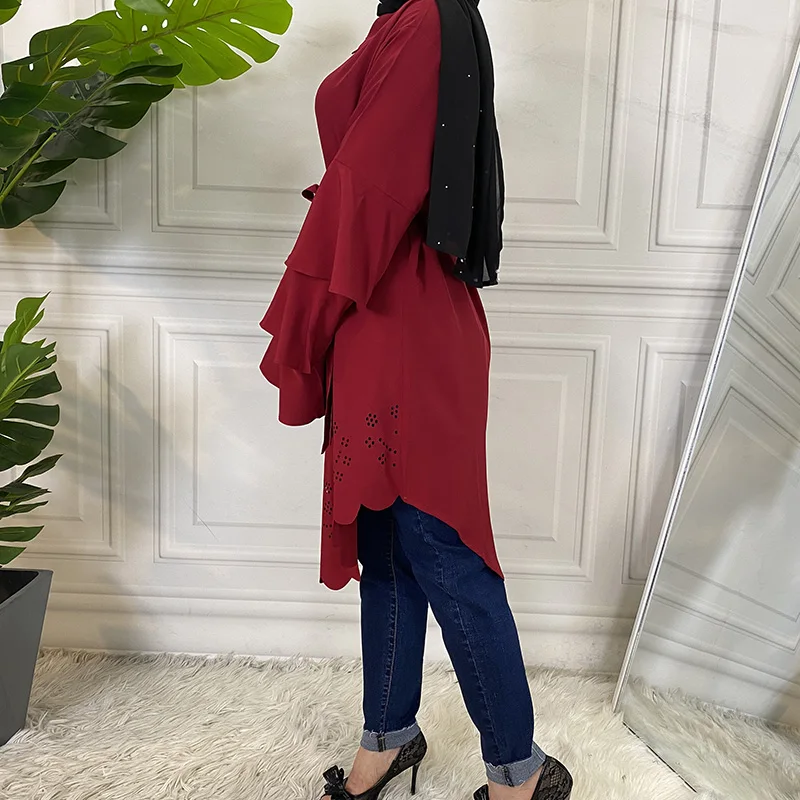 Длинные рубашки мусульманская женская мода рукав-лепесток одежда Оман Дубай