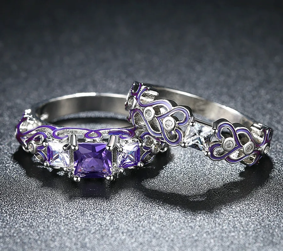 Женское кольцо с аметистом комплект из 2 предметов фиолетовым бриллиантом модный