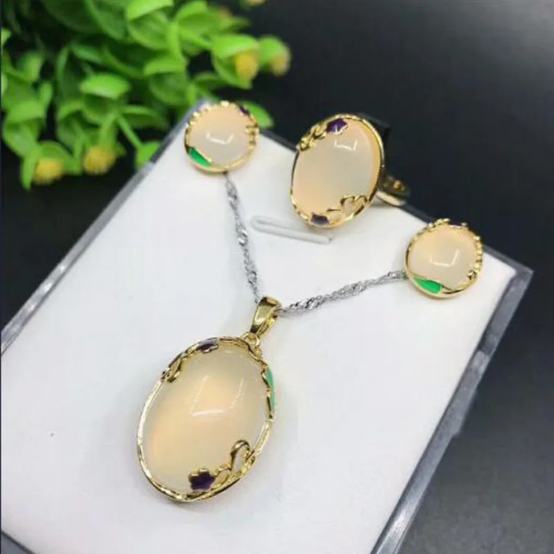 

LETSFUN Fine cloisonne green jade jewelry ring of necklace earrings ring 925 three chalcedony suit cloisonne craft Gift