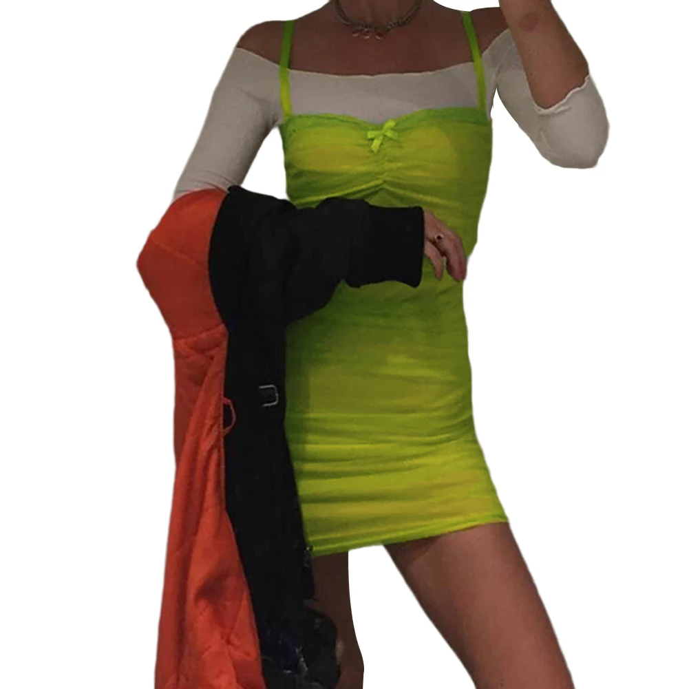 Женское Плиссированное мини-платье кружевное неоново-желтое платье с запахом и