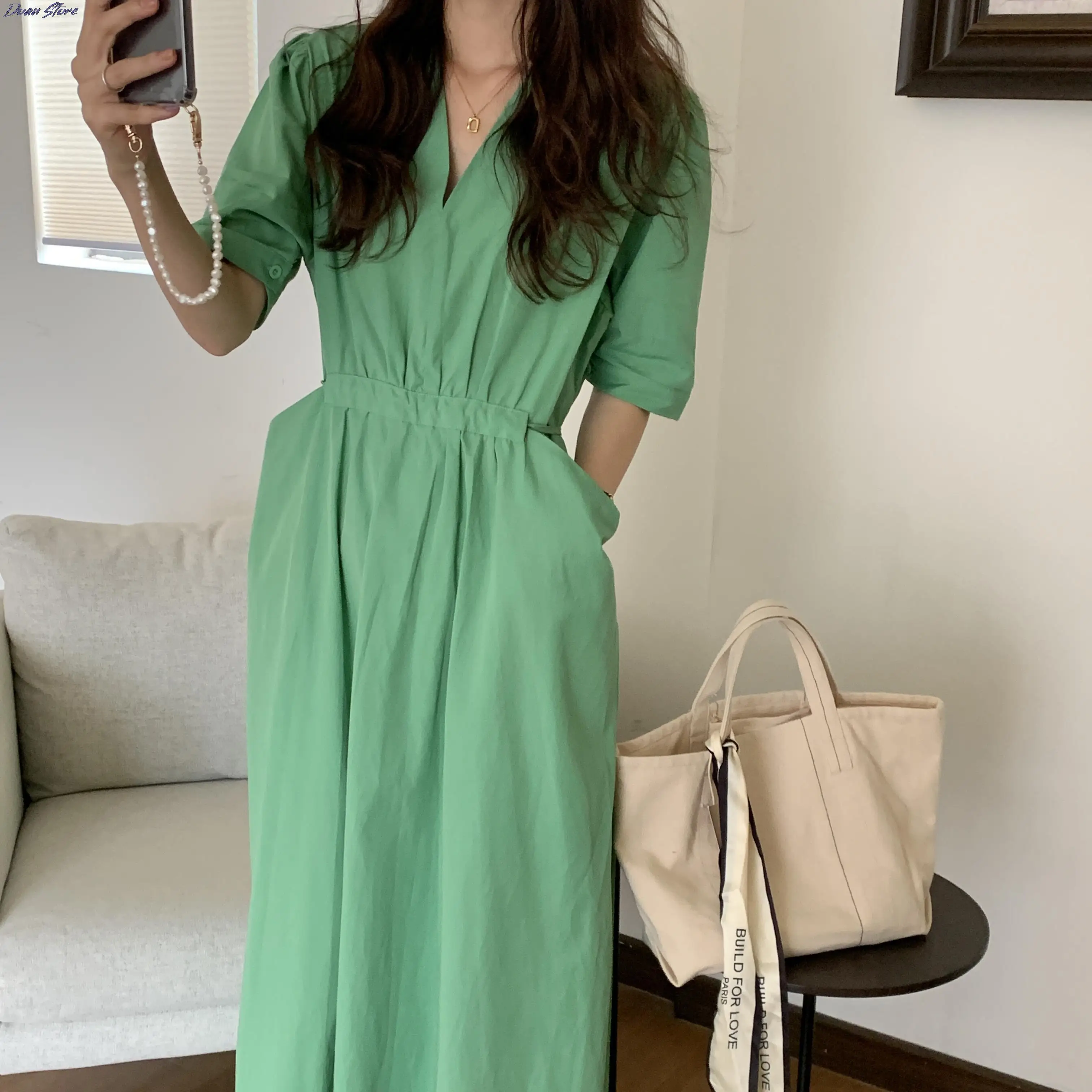 

Retro French Chic Solid V-Neck Oversize Women Dress 2021 Streetwear Vestidos Gentle New Summer Hot Sale Slim Long Dresses