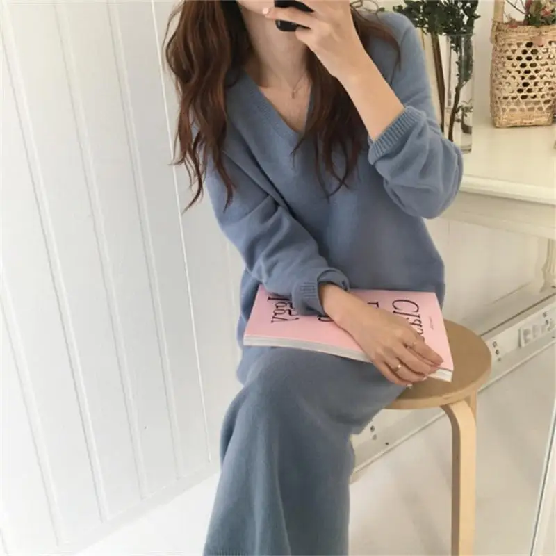 

Spring Autumn Long Sweater Dress Women Clothes Vestidos Loose V-Neck Warm Thick Knitted Dresses Robe Femme Elegant Solid Q5262