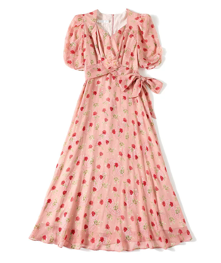 

Gezelligheid Dresses For Women 2021 Runway Summer New Fashion Elegant Female Retro French Floral Short Sleeve V-Neck Midi Dress