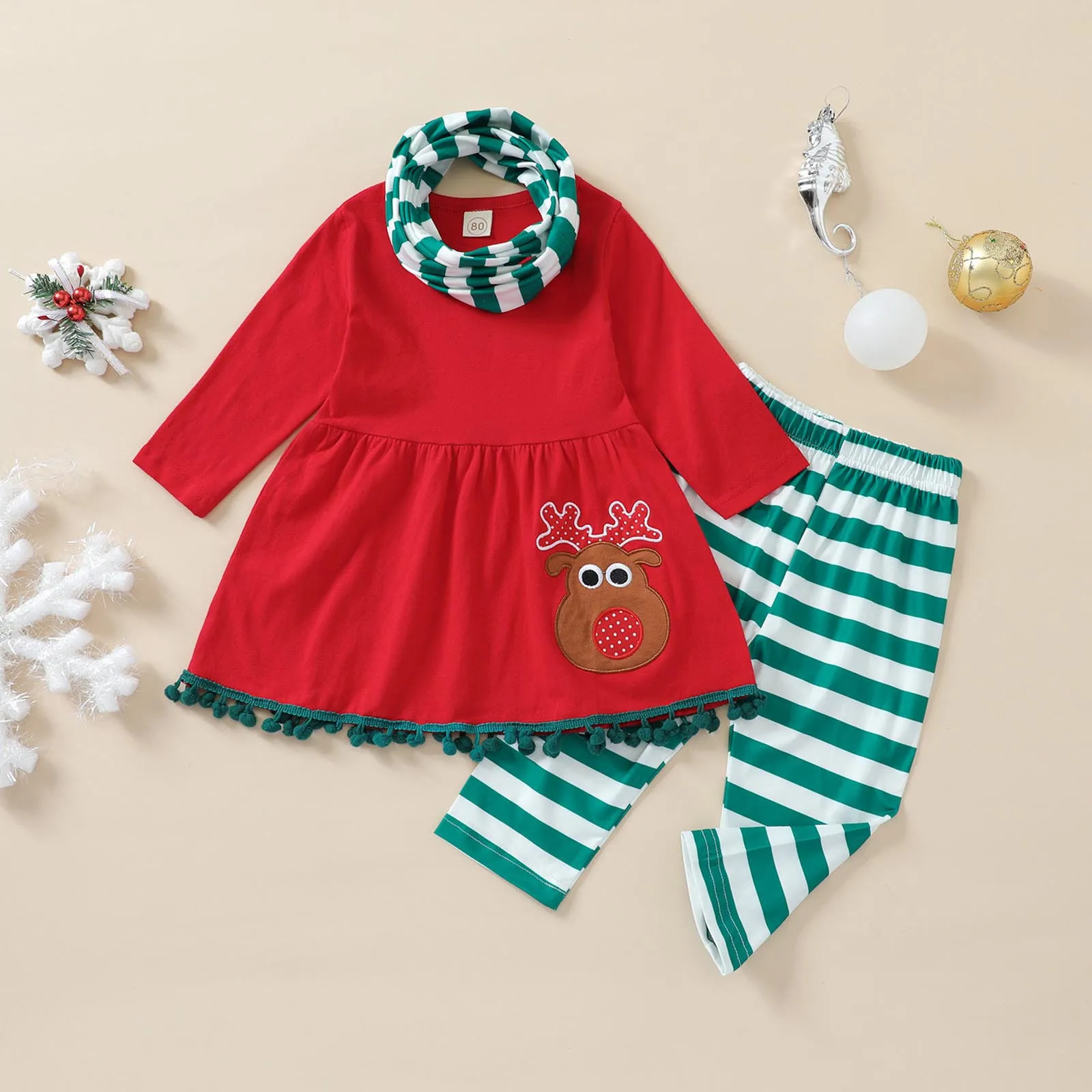 

3 шт. Рождественская Одежда для новорожденных, пуловер для маленьких девочек, топы с вышивкой, брюки в полоску с нагрудником, осенний комплек...