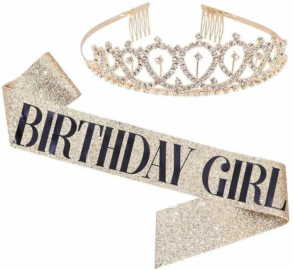 

Rhinestone Crystal Crown Tiara Birthday Anniversary Decoration Happy 18 21 30 40 50th Birthday Satin Sash Party Supplies