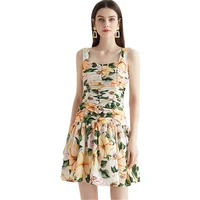 2021 summer women sexy backless strap dress high quality designer retro flowers print folds slim a line mini dress