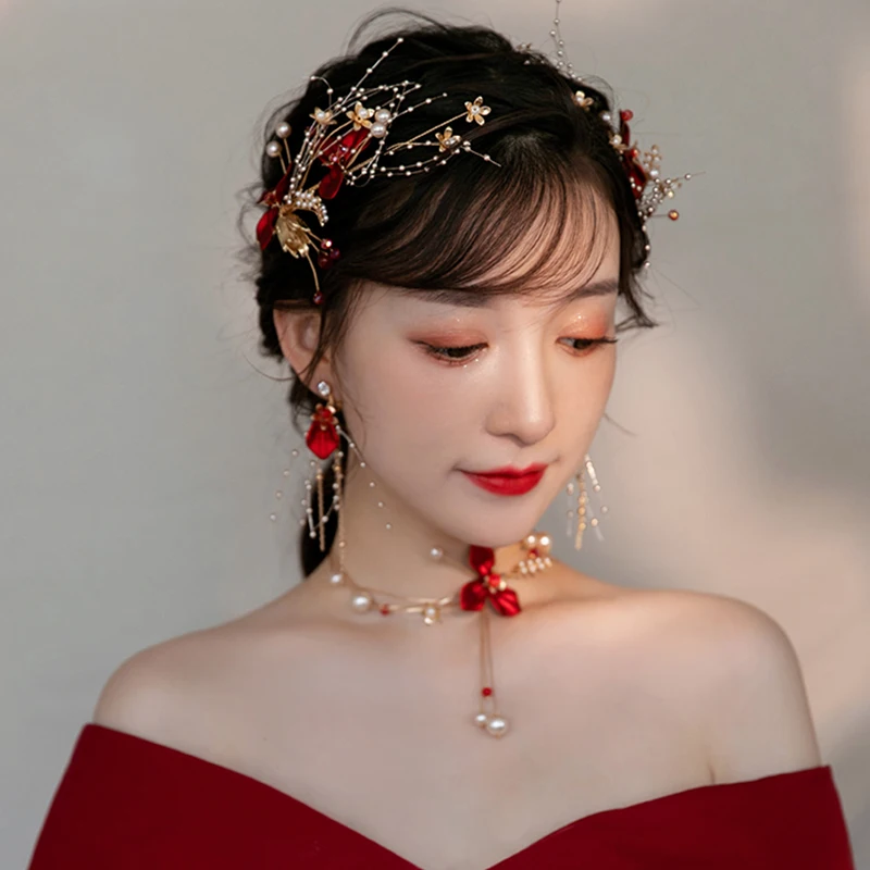 Винтажные красные заколки и зажимы для волос в китайском стиле набор цветочных