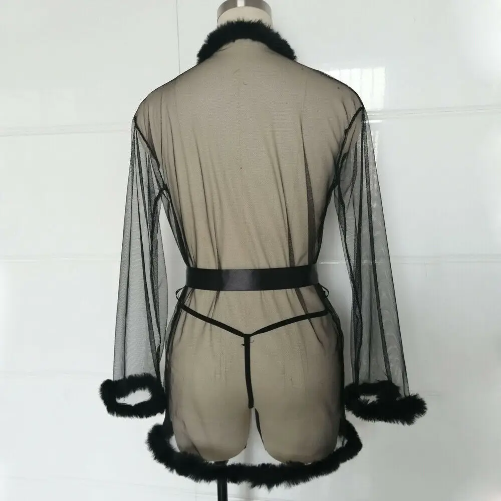 3pcs Women Sexy Lingerie Babydoll Long Sleeve Feather Robes and G-String Sets with Belt Ladies Underwear Nightwear Exotic | Тематическая