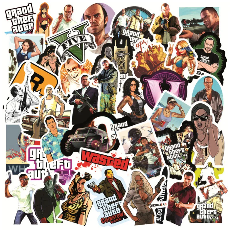 GTA Grand Theft-Juego de patinete autom&aacute;tico, Maleta de viaje, tel&eacute;fono, port&aacute;til, pegatinas de equipaje, Juguetes DIY para ni&ntilde;os y ni&ntilde;as, 10/30/50 Uds.-0