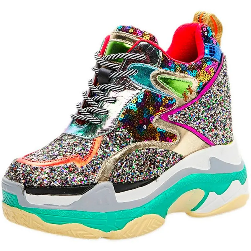 Casual Shoes Women Shiny Glitter Cow Leather Wedges High Heel Ankle Boots Female Round Toe Fashion Sneakers Platform Pumps Shoes