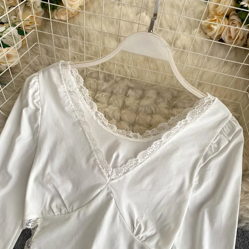 Женский кружевной топ с v-образным вырезом и длинным рукавом | Женская одежда