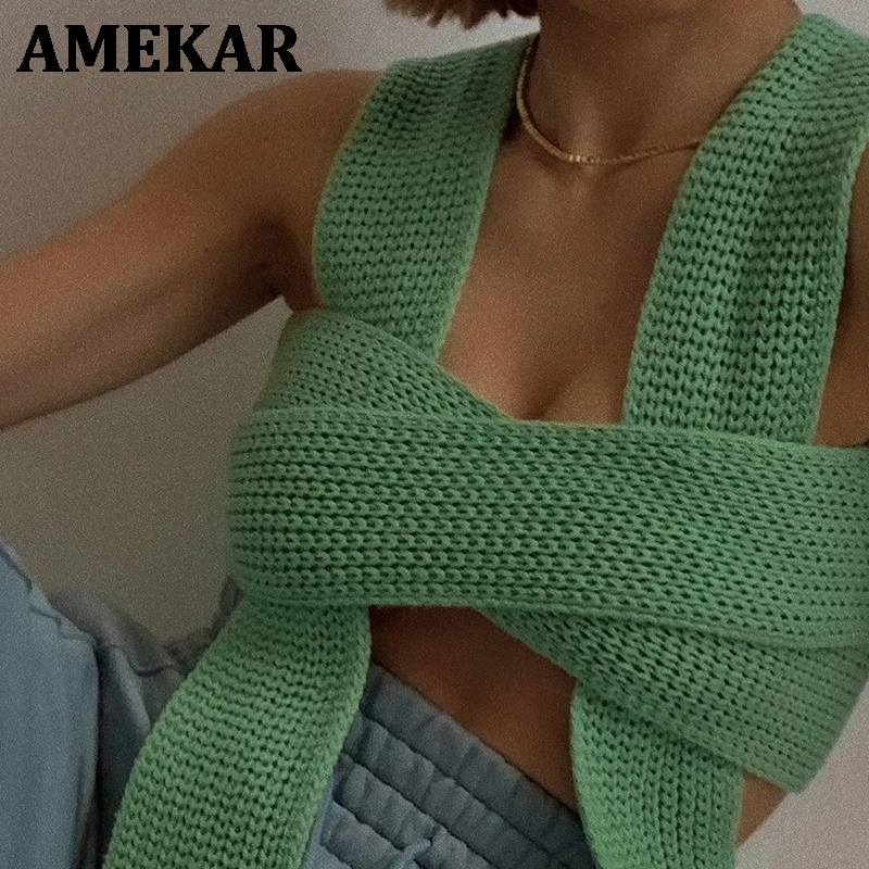 

2021 Sleeveless Knitted Crop Sweater Sexy Autumn Summer Fashion Vest Black Casual White Jumper Top Female Pullover