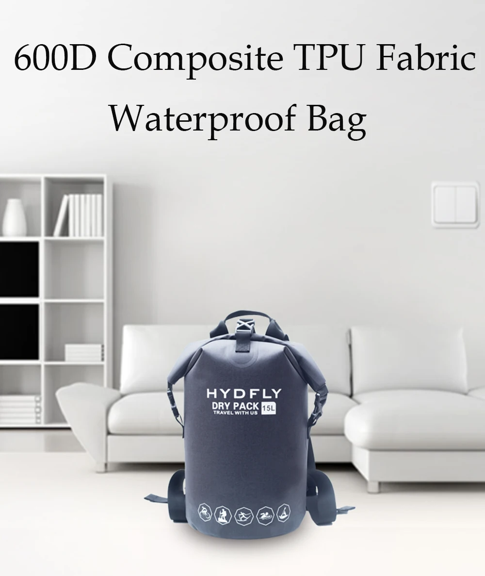 15L HYDFLY 600D ТПУ Спорт на открытом воздухе водонепроницаемый герметичный заплечный гермомешок для водного спорта пляж серфинг водостойкий мешок рюкзак