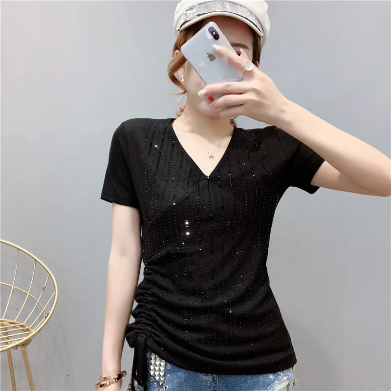 Летняя Модная белая футболка с коротким рукавом и бриллиантами женские черные