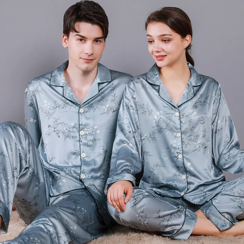 Lce Silk Men's Pajamas Couple Spring Summer Loose Cool Pajamas Set Luxury Jacquard Pajamas Soft Skin-Friendly Men's Pajamas %100