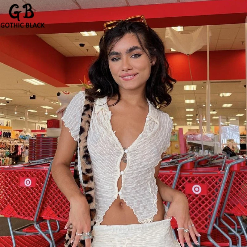 

Gothblack T Shirt French Sexy Polo Collar Cardigan Single Breasted Dovetail Exposed Navel See-through Texture Top Streetwear