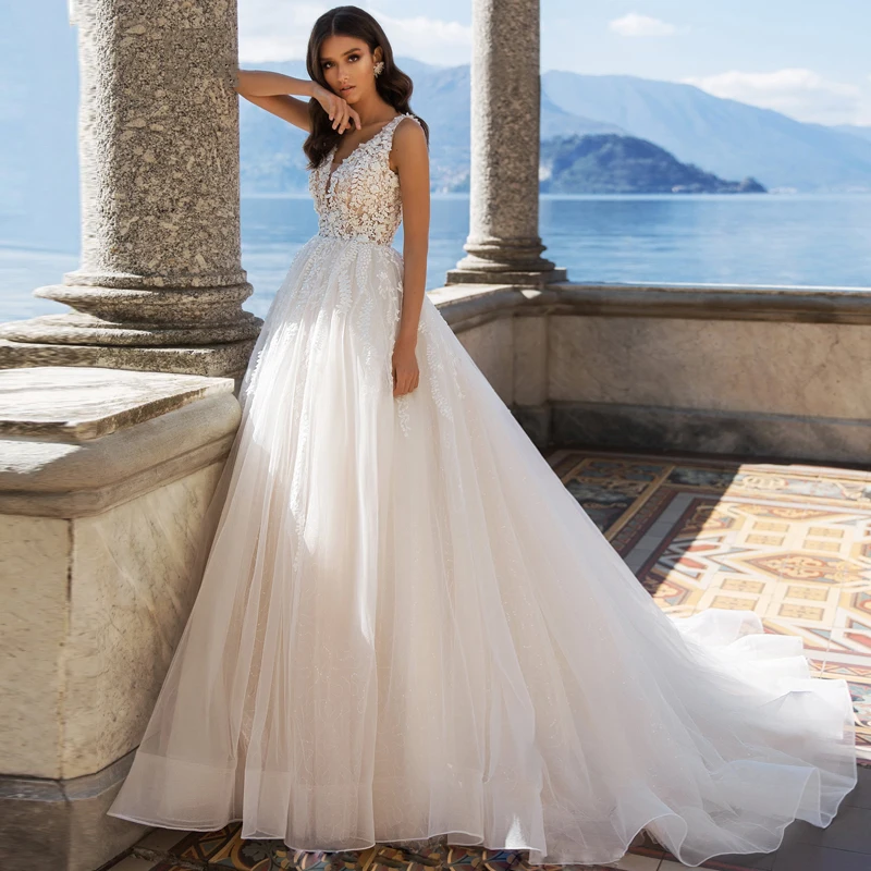 

Винтажное свадебное платье А-силуэта, с цветочной аппликацией и V-образным вырезом, без рукавов