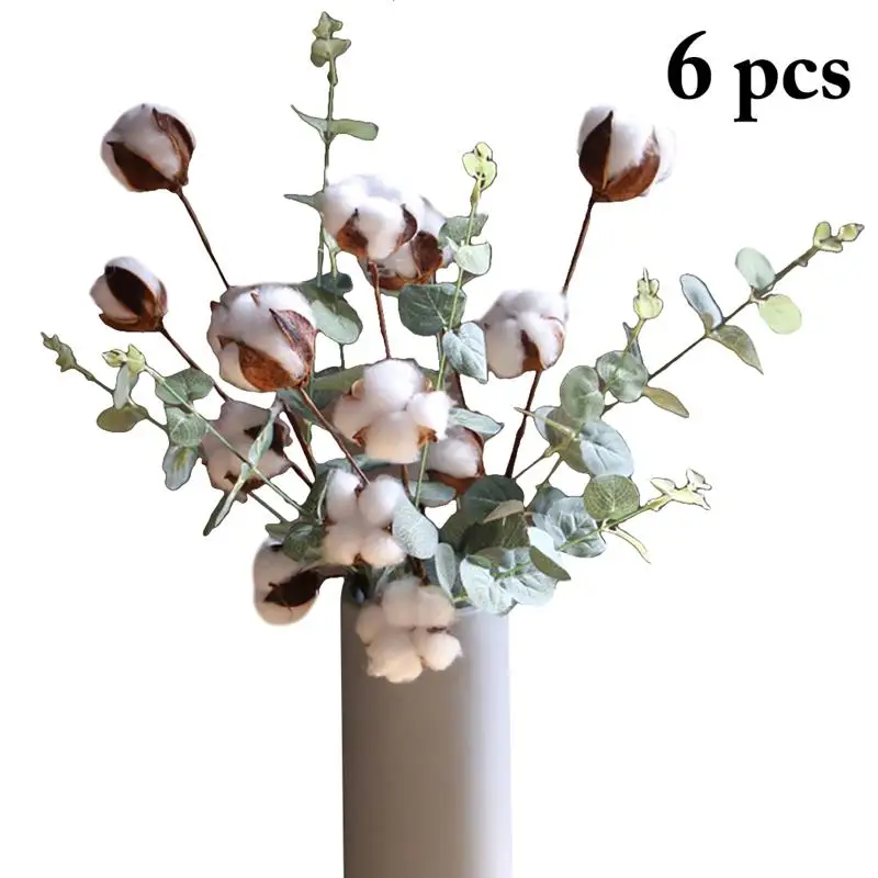 

6PCS Elegant Dried Flower Plant Cotton Stem Decorative 4-Head Natural Cotton Flower Cotton Pick For Home Decor