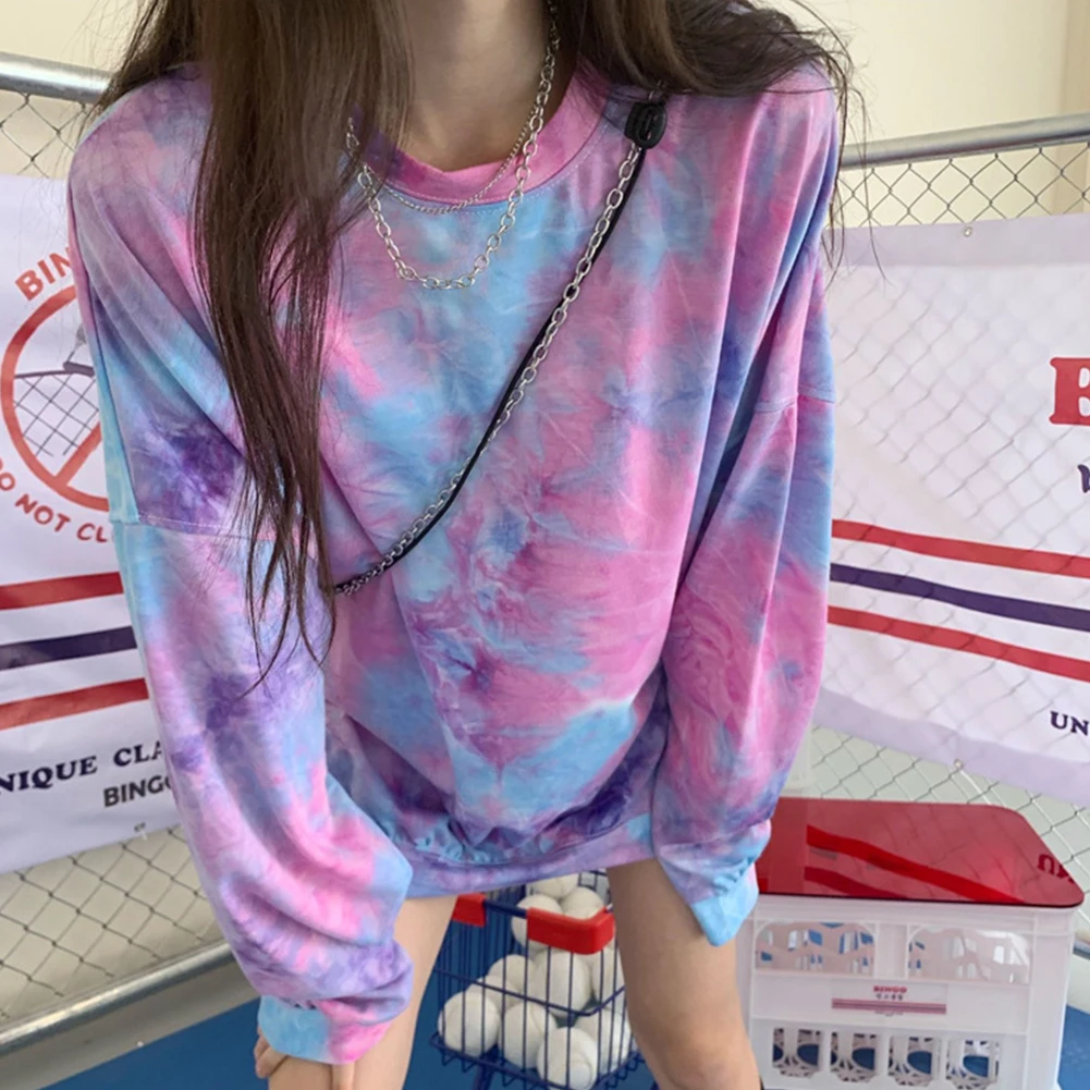 2020 Women Fashion Long Sleeve O Neck Tie Dye Pullover Loose Blouse Sweatshirt Hoodie  толстовка женская sweatshirt women
