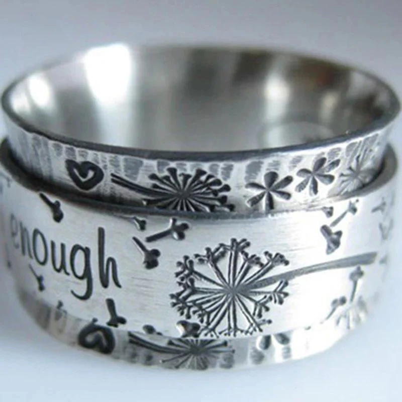 

Vintage Silver Color Engraved Dandelion Wide Ring Lettering I am Enough Inspiration Rings for Men Women Punk Party Jewelry Z158