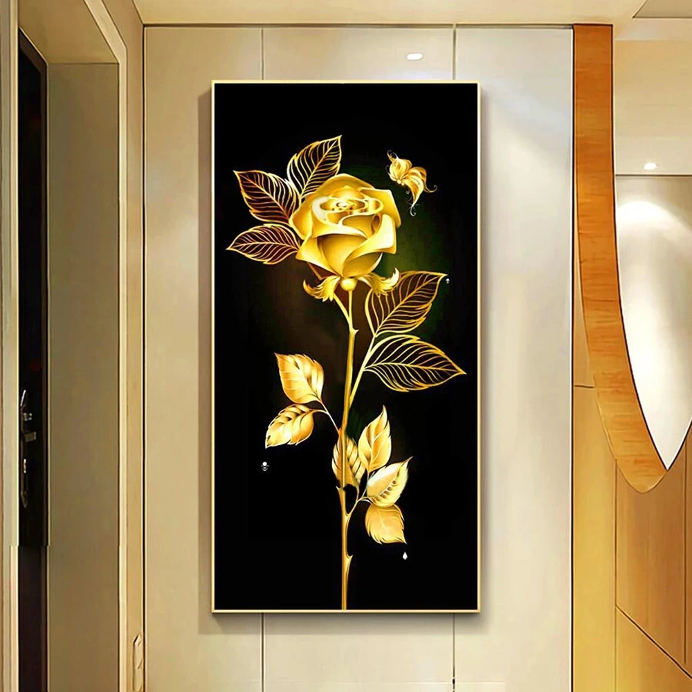 

5D DIY Diamond Painting Gold Rose Flower Entrance Wall Decorations Full Drill Square/Round Diamonds Embroidery Craft Gift Kit