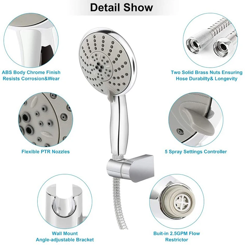 

High Pressure Showerhead Handheld Showerheads 5 Spray Settings Body Sprays, Adjustable Shower Head with Hose Easy