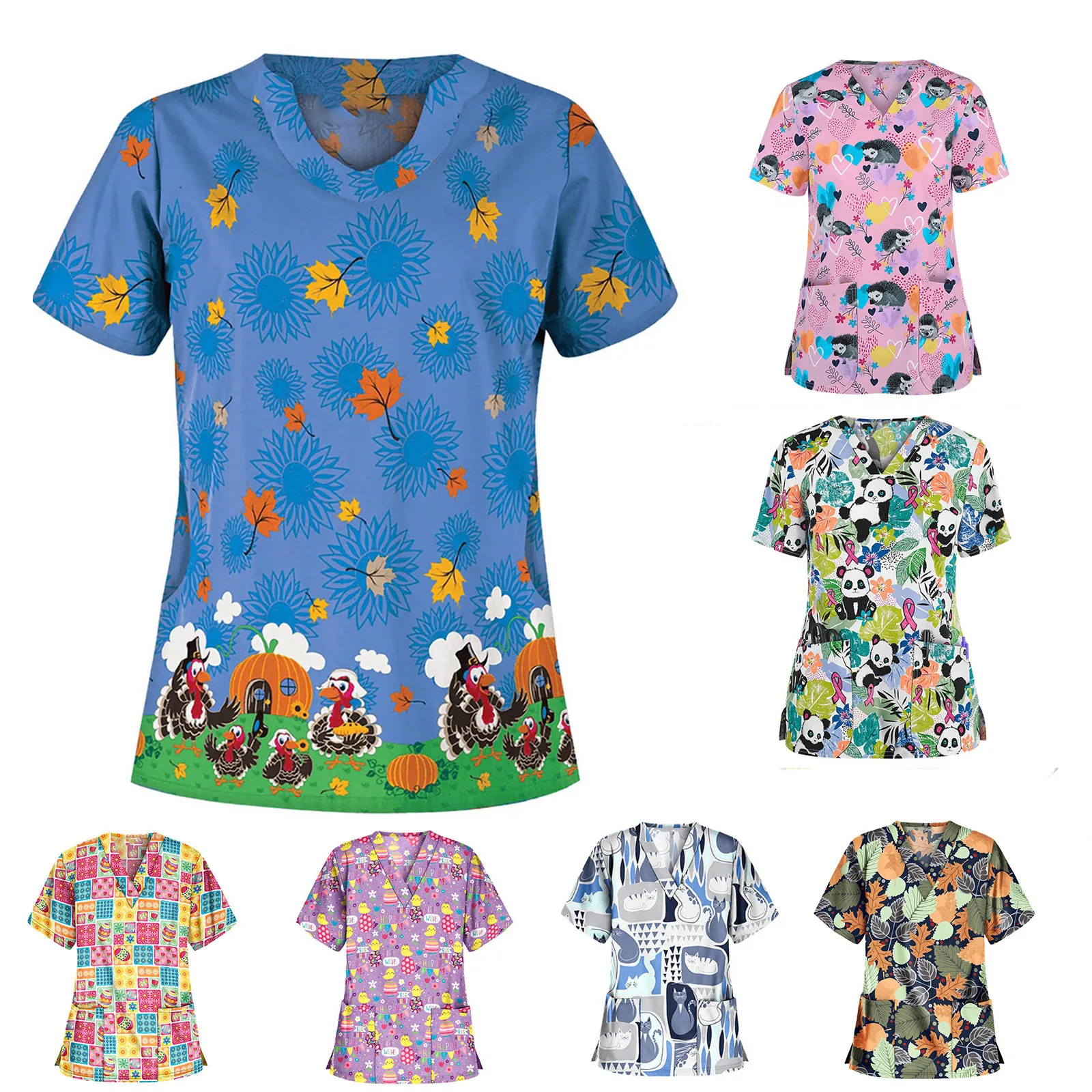 Women's loose casual top womens fashion clothing Women Short Sleeve V-neck Tops Working Uniform Cartoon Print Blouse 여성 의류 |