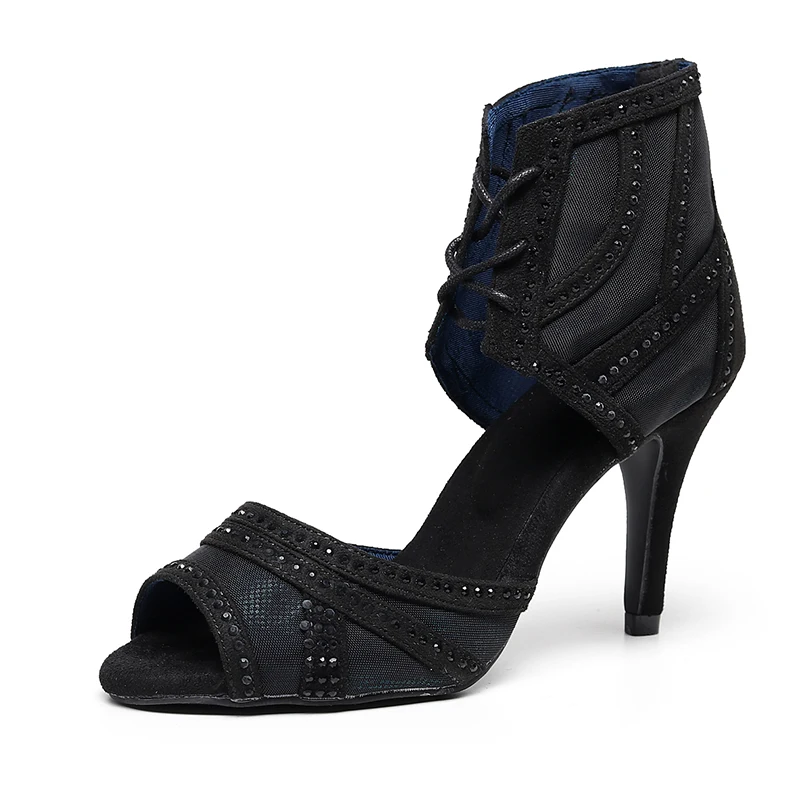 Женские Стразы обувь для латинских бальных танцев черные с мягкой подошвой