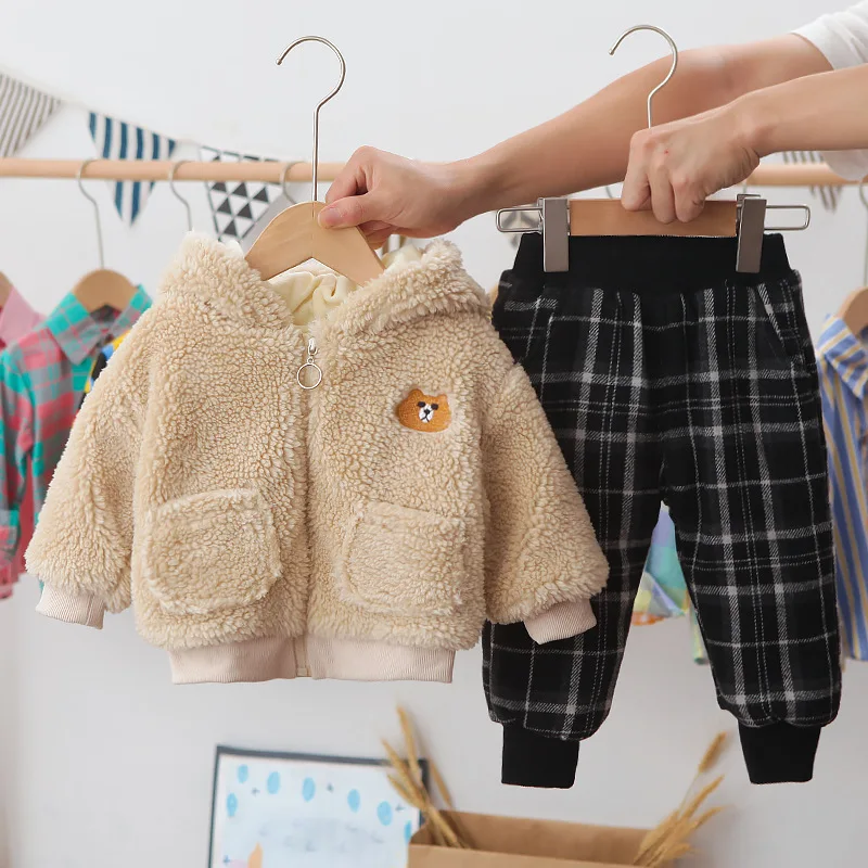 

Зимний Детский плюшевый флисовый утепленный комплект с капюшоном для маленьких мальчиков толстовка с капюшоном клетчатые брюки Детский ко...