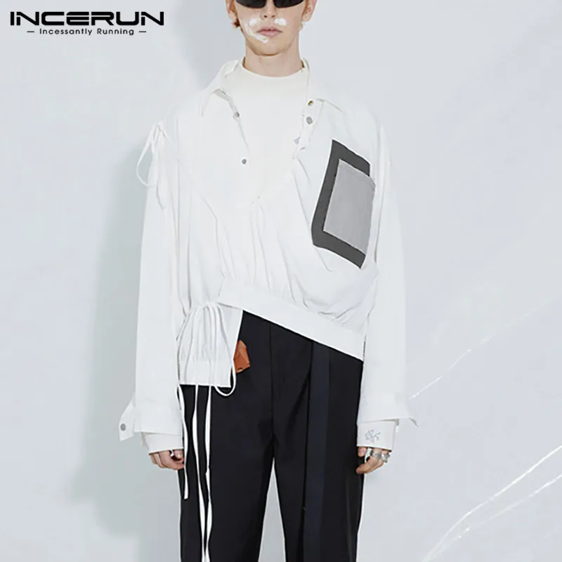 

Рубашка INCERUN мужская с длинным рукавом, модная сорочка в стиле пэчворк, однотонная блузка на пуговицах, с лацканами, на шнуровке, для отдыха
