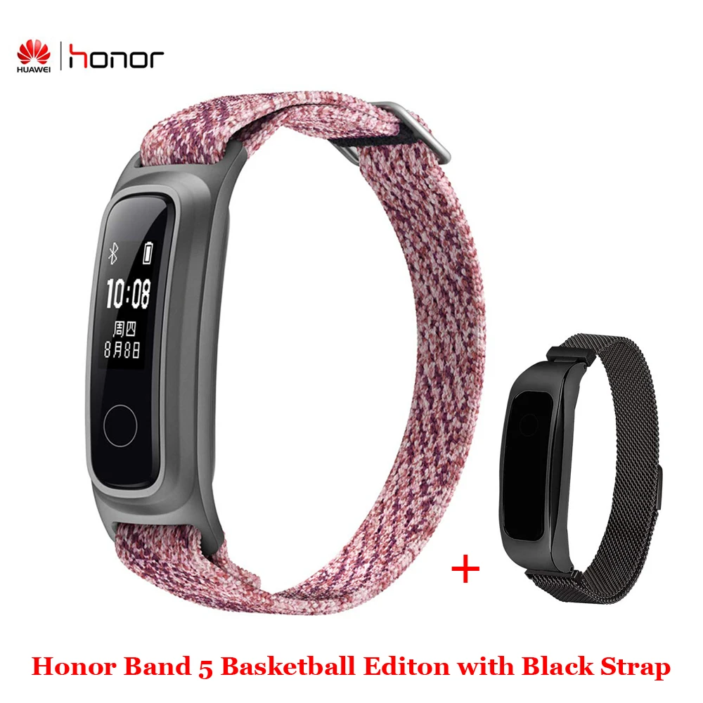 Huawei Honor Band 5 Баскетбол издание ж/металлический ремешок, умный браслет часы AMOLED сердечного ритма фитнес-трекер сна Спорт - Цвет: Pink n Black