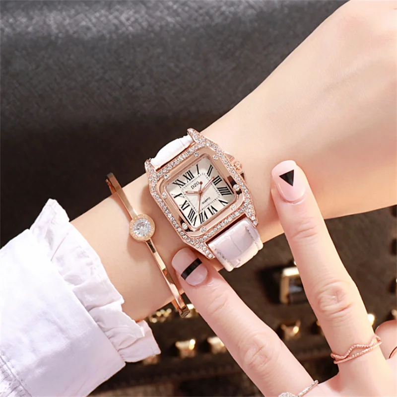 

Женские часы со стразами, Звездный квадратный циферблат, Женские кварцевые наручные часы с кожаным ремешком