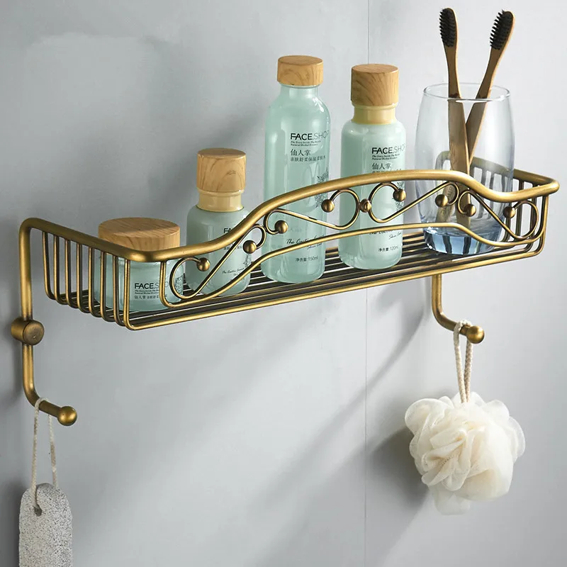 

Bathroom Shelf Antique Brass Bath Shower Rack Wall Mounted Bolt Inserting Type Corner Basket Shelf With Hooks Bath Hardware