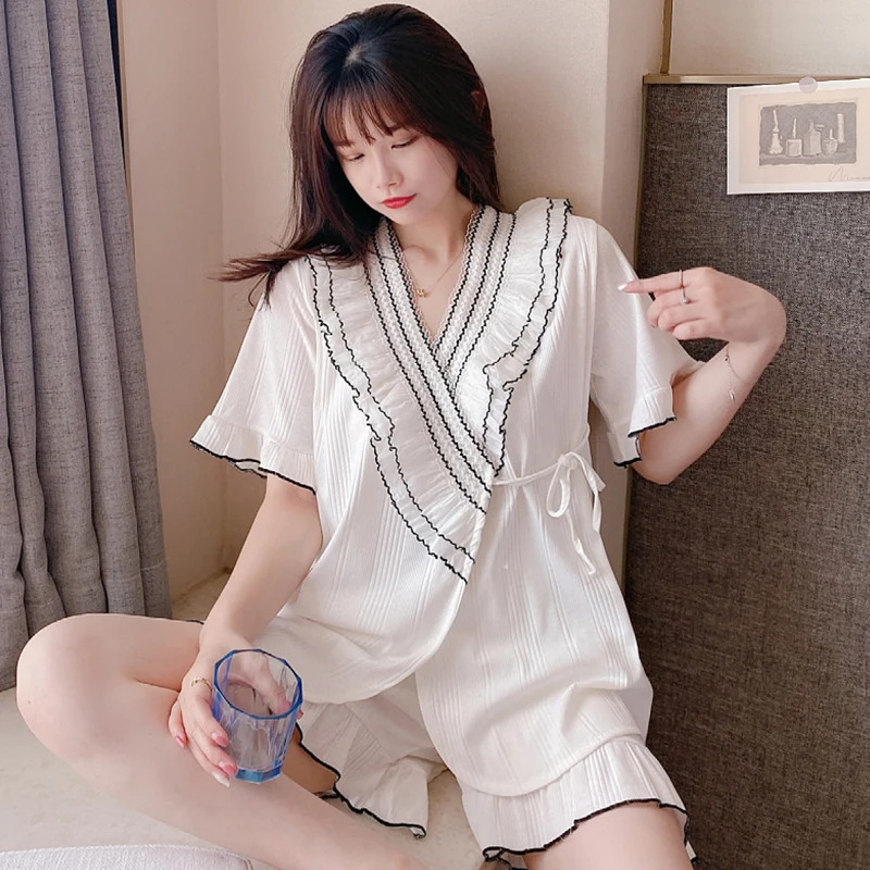 

Summer Cotton Pajamas for Women Kimono Short Sleeve Lace Pajama Thin Two Piece Set Sleepwear Homewear Nightwear Plus Size 2xl