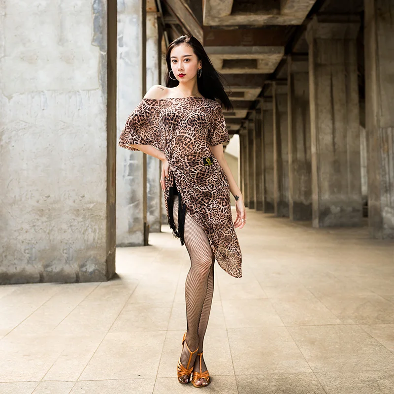Женское платье для латинских танцев с леопардовым принтом танго сальса ча