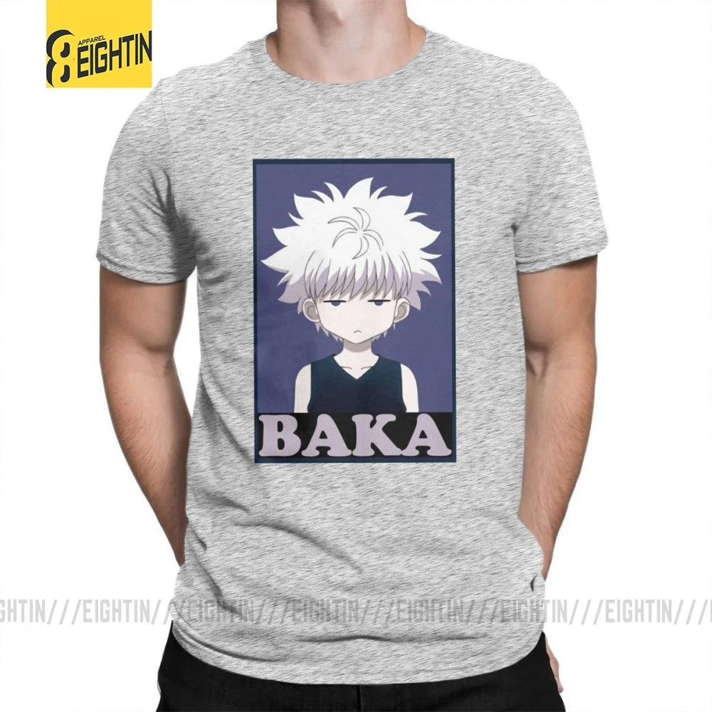 Охотник х Хантер футболки Killua Zoldyck Baka классический комикс о-образный вырез с коротким рукавом классический крой Чистый хлопок футболки мягкие мужские футболки - Цвет: Серый